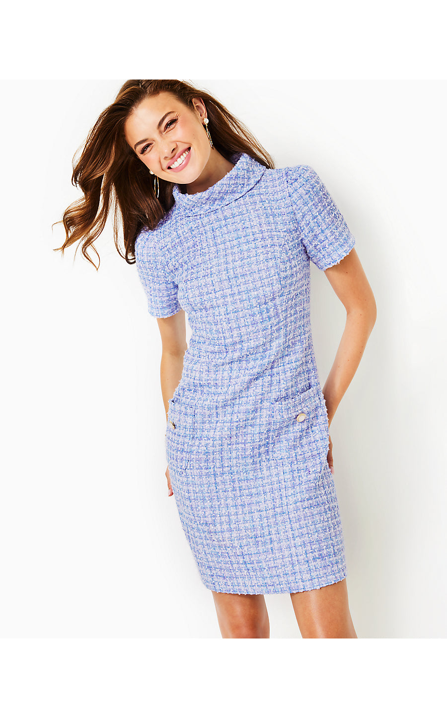 TIESSA SHORT SLEEVE BOUCLE TWEED SHIFT, LARK LILAC SWIRL BOUCLE
