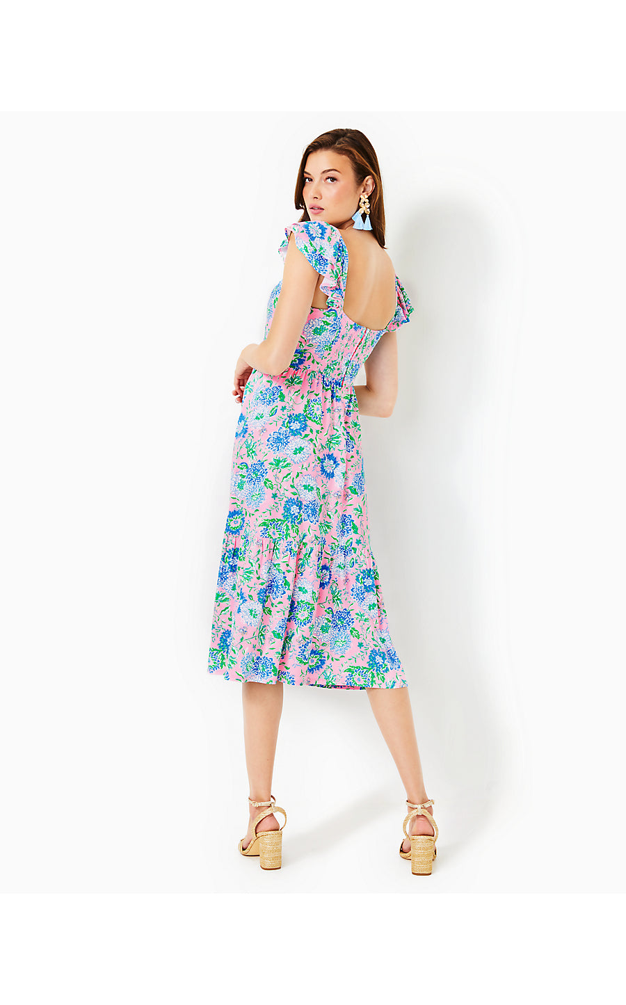 BAYLEIGH FLUTTER SLEEVE MIDI DRESS, CONCH SHELL PINK RUMOR HAS IT