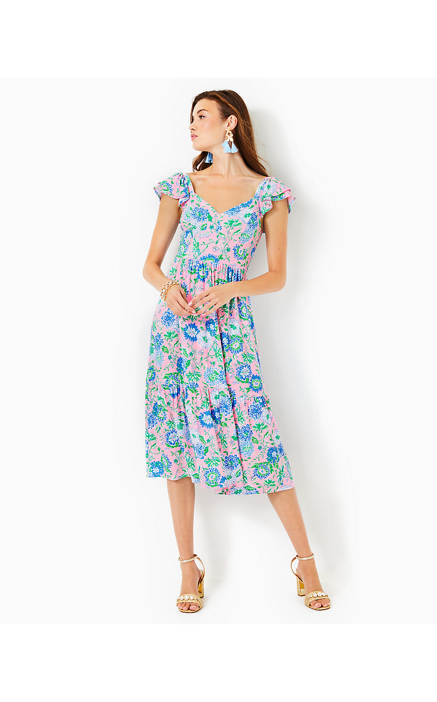 BAYLEIGH FLUTTER SLEEVE MIDI DRESS, CONCH SHELL PINK RUMOR HAS IT