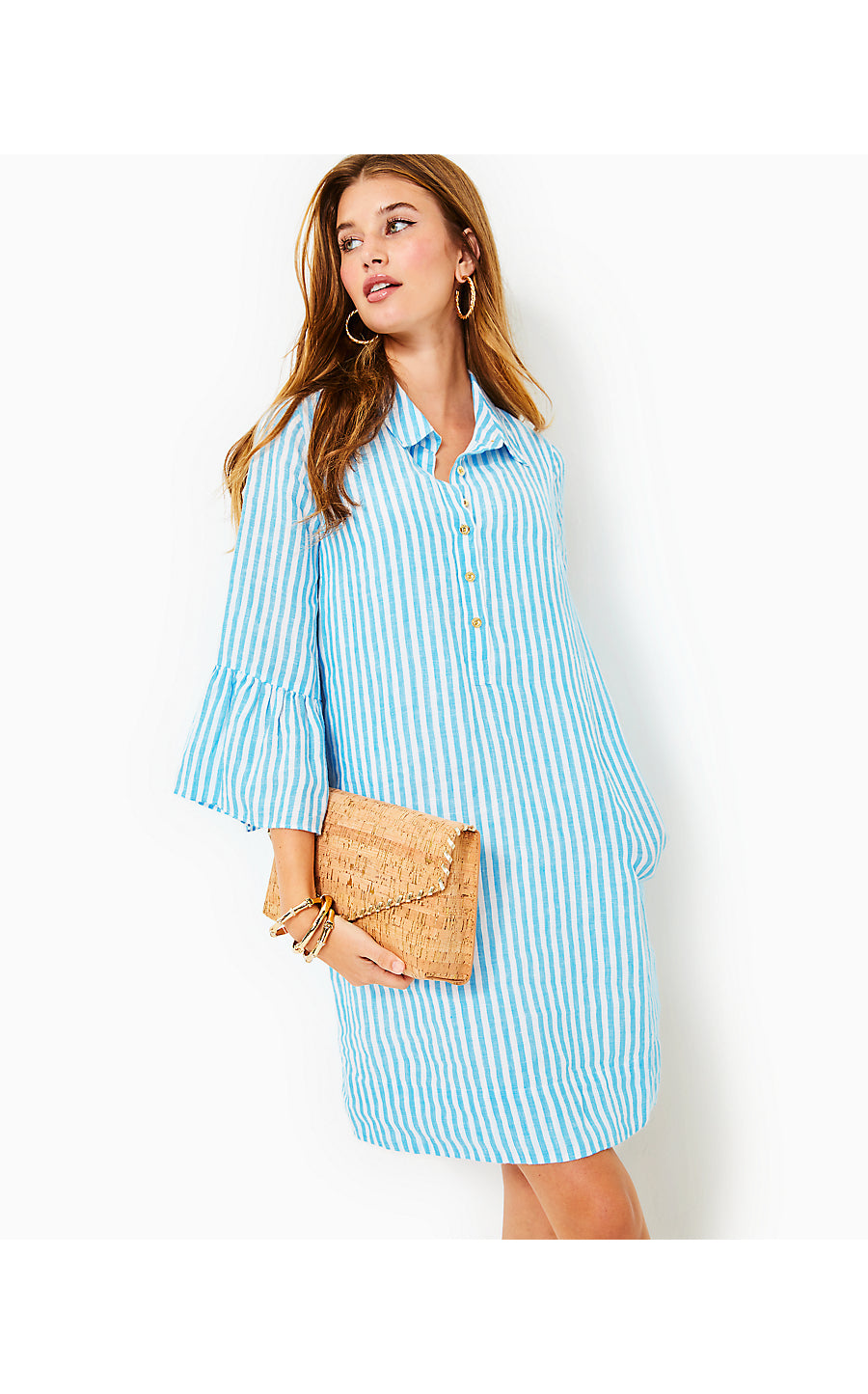 JAZMYN 3/4 SLEEVE LINEN TUNIC DRESS, LUNAR BLUE BIMINI STRIPE Palm Place JAZMYN 3/4 SLEEVE LINEN TUNIC DRESS, LUNAR BLUE BIMINI STRIPE Palm Place