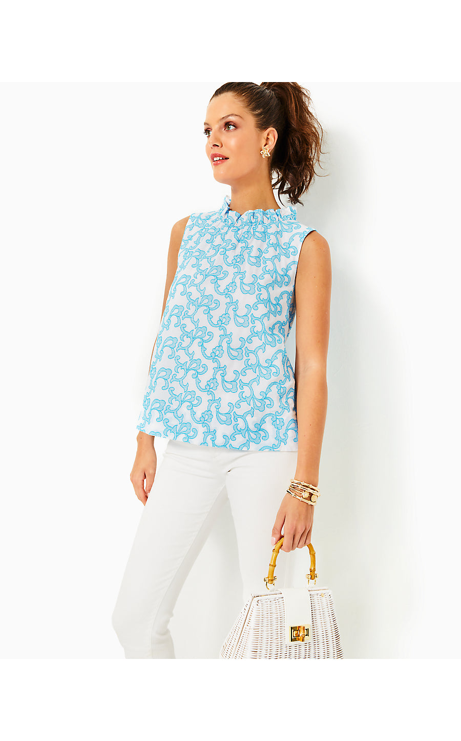 DAHLIANA EMBROIDERED COTTON TOP, LUNAR BLUE FLAMINGLE EMBROIDERED COTTON