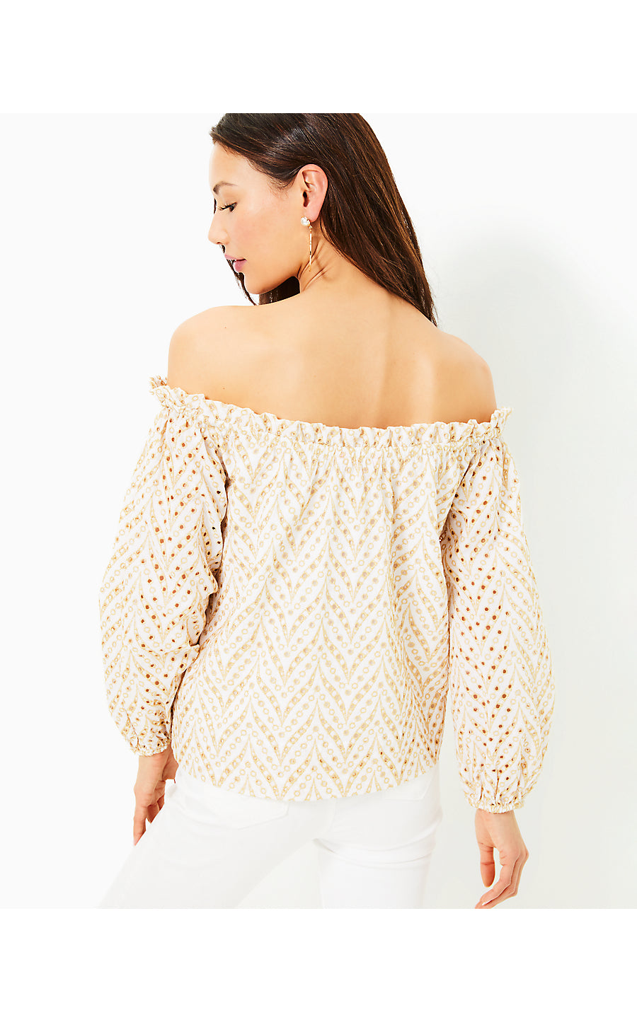 AIMES LONG SLEEVE OFF THE SHOULDER TOP, SAND BAR MERMAID TAIL METALLIC EYELET