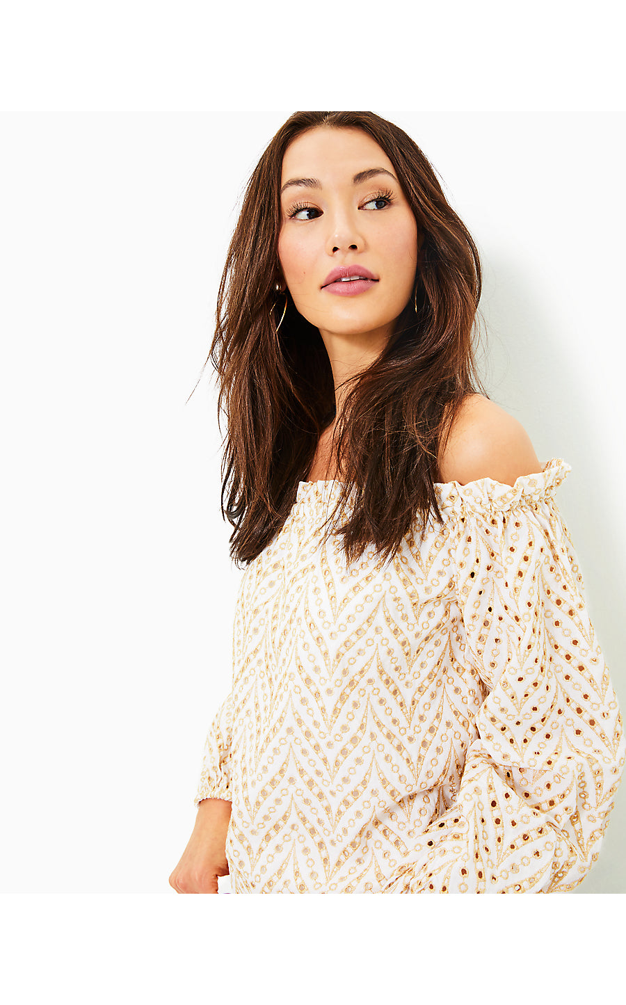 AIMES LONG SLEEVE OFF THE SHOULDER TOP, SAND BAR MERMAID TAIL METALLIC EYELET