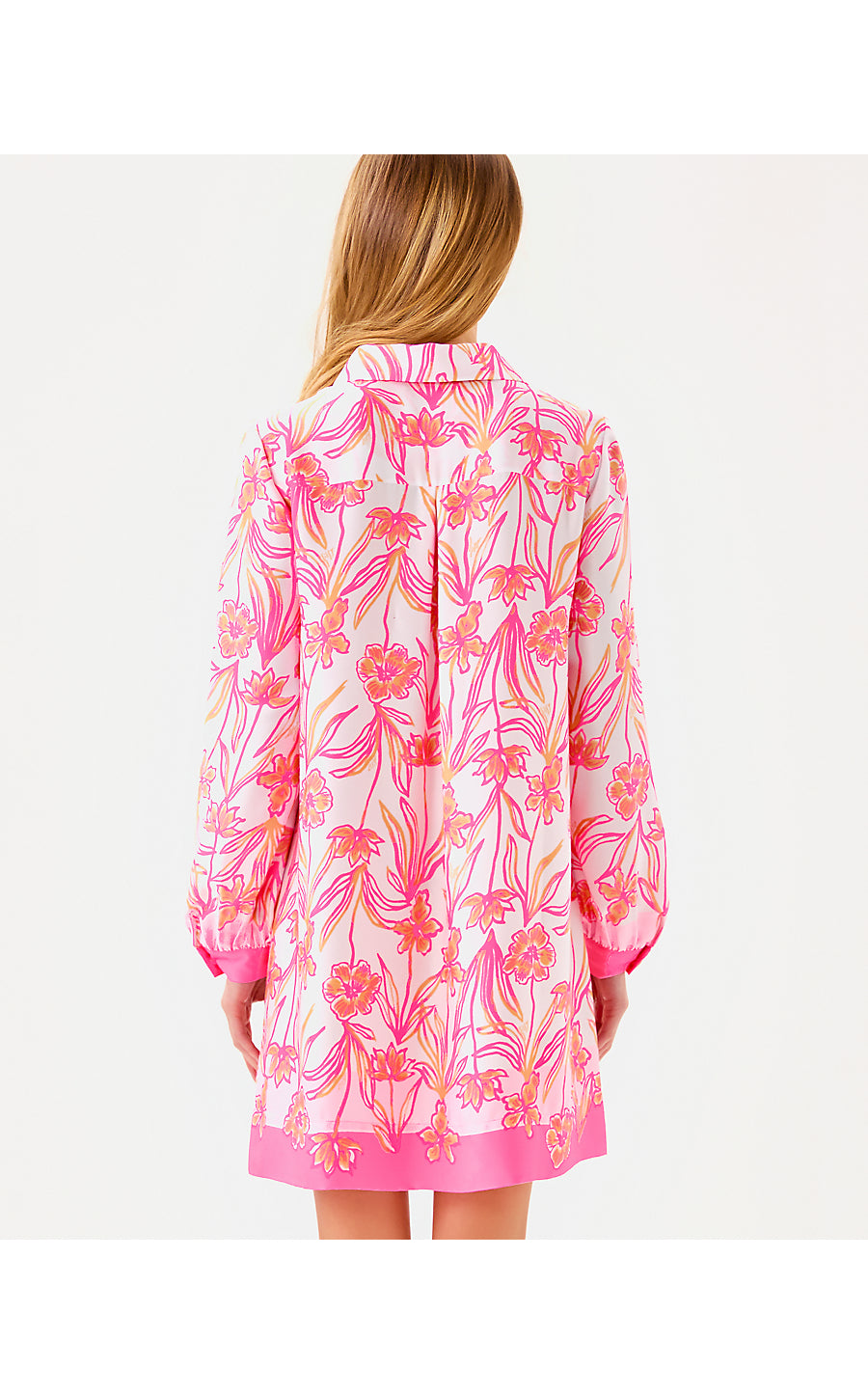 IRALANNE LONG SLEEVE POPOVER SHIRTDRESS, RESORT WHITE LOVELY LONG STEMS ENGINEERED WOVEN DRESS