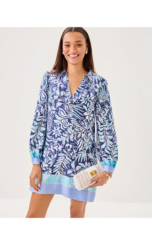 IRALANNE LONG SLEEVE POPOVER SHIRTDRESS, SAPPHIRE POOL SUMMER SHORELINES ENGINEERED WOVEN DRESS