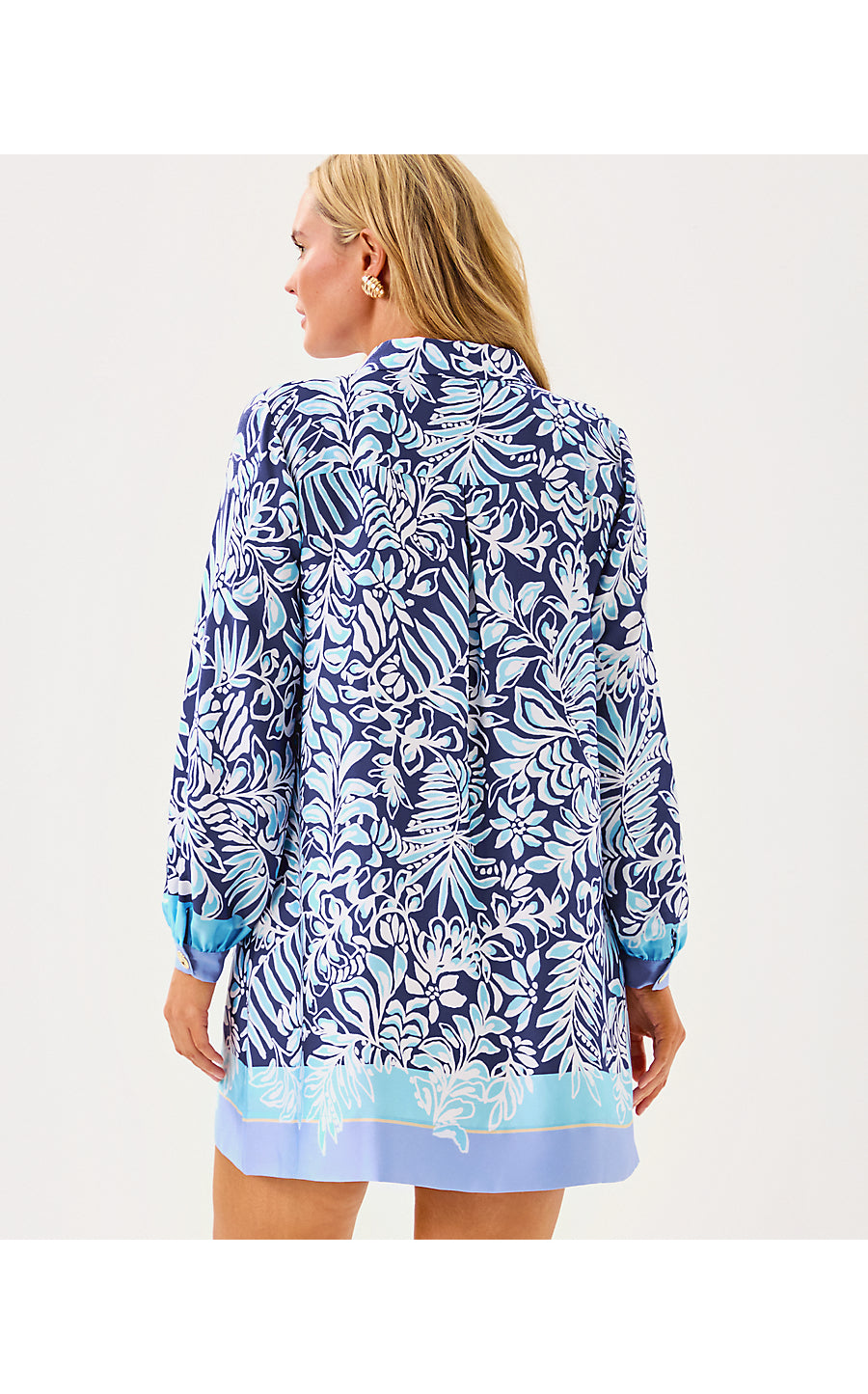 IRALANNE LONG SLEEVE POPOVER SHIRTDRESS, SAPPHIRE POOL SUMMER SHORELINES ENGINEERED WOVEN DRESS