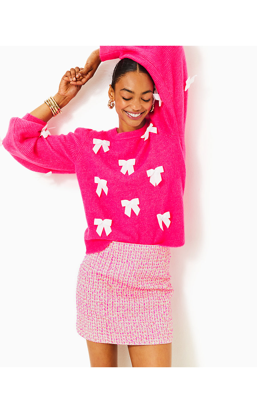 ZARIE SWEATER, HEATHERED PASSION FRUIT PINK PARTY BOWS