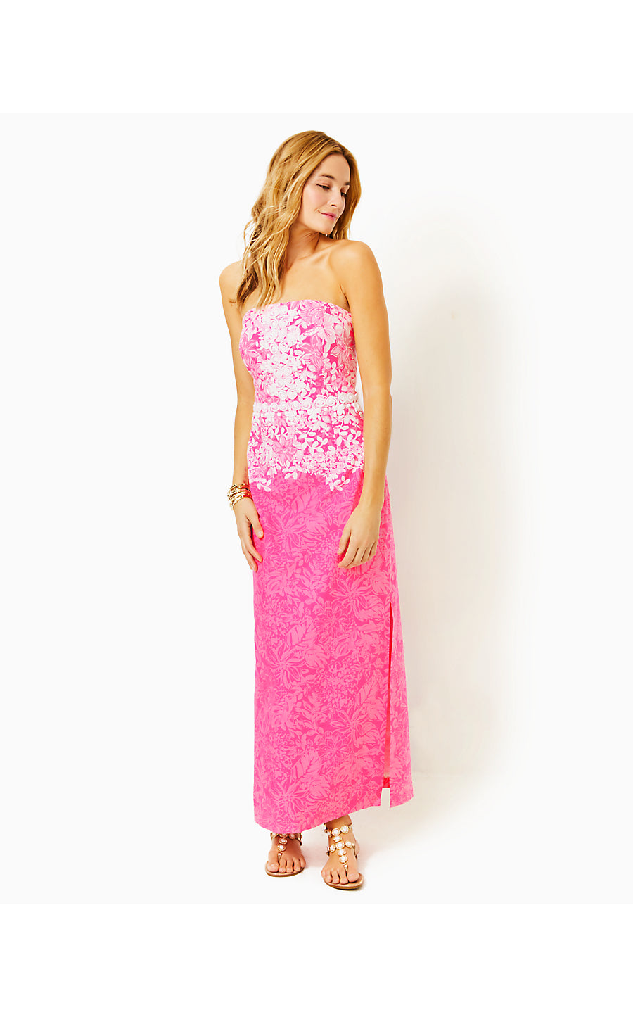 KRISTELLA BEADED STRAPLESS MAXI DRESS, ROXIE PINK SHADOW DANCER ENGINEERED WOVEN DRESS