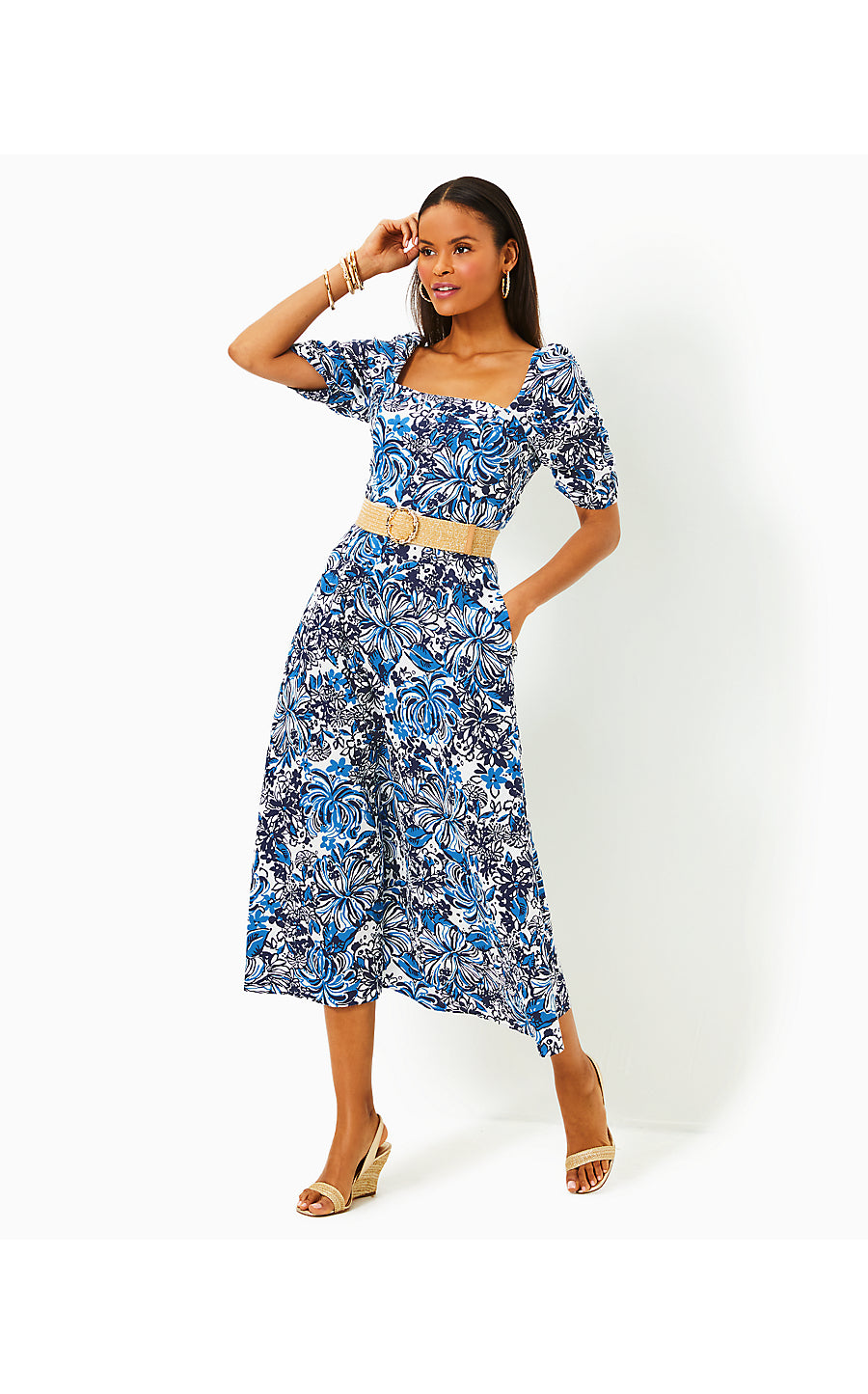 MYLIE SHORT SLEEVE LINEN DRESS, LOW TIDE NAVY PANDARAMA