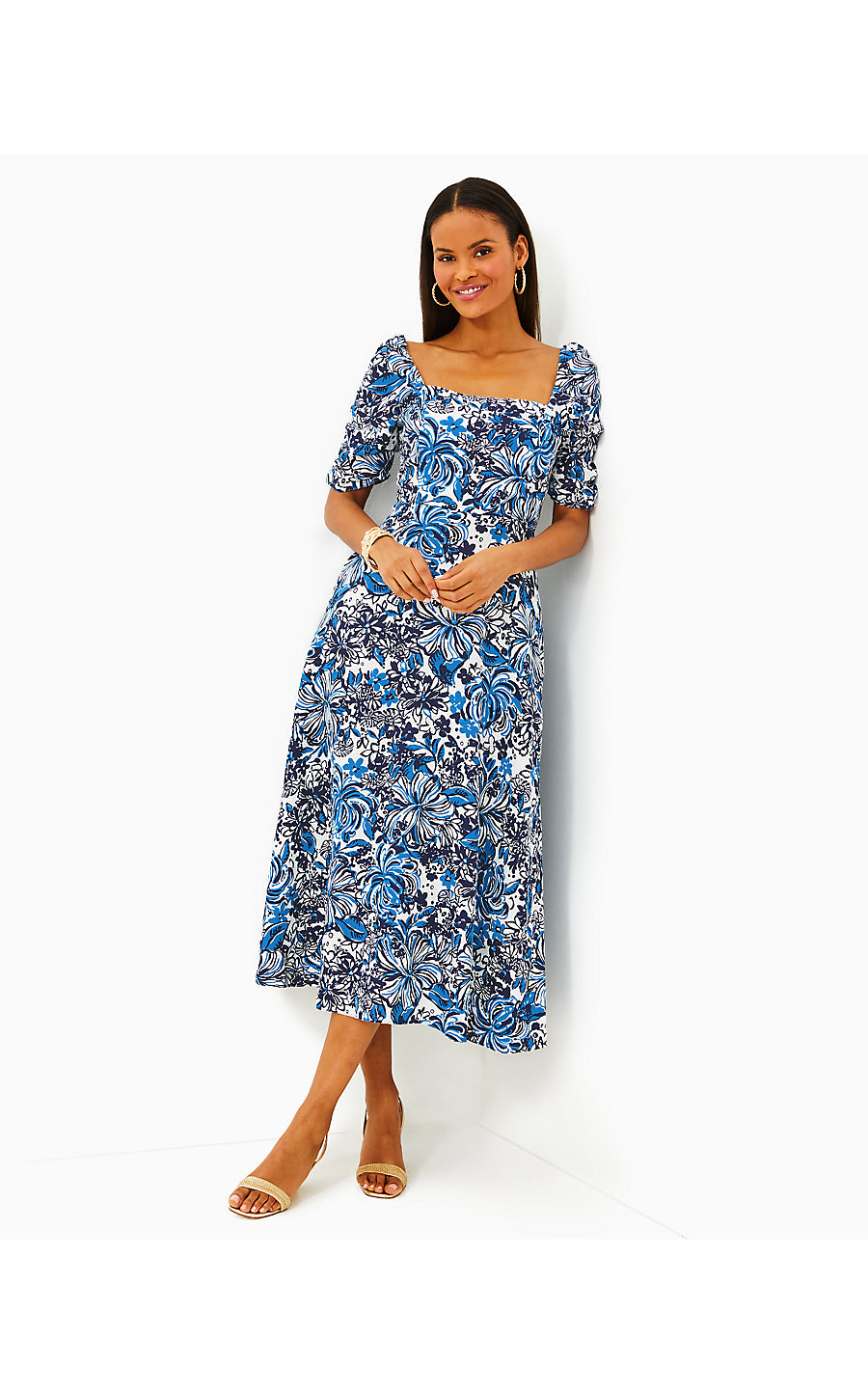 MYLIE SHORT SLEEVE LINEN DRESS, LOW TIDE NAVY PANDARAMA