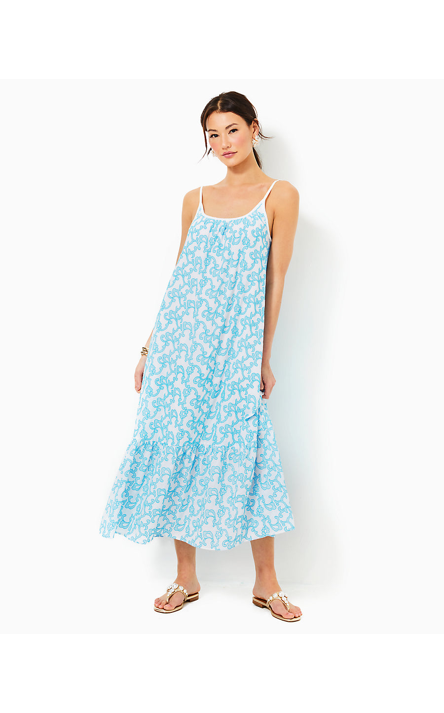 AMERIE EMBROIDERED COTTON DRESS, LUNAR BLUE FLAMINGLE EMBROIDERED COTTON