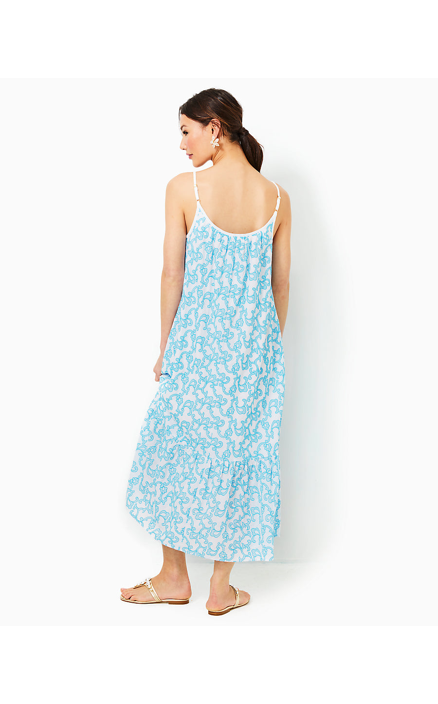 AMERIE EMBROIDERED COTTON DRESS, LUNAR BLUE FLAMINGLE EMBROIDERED COTTON