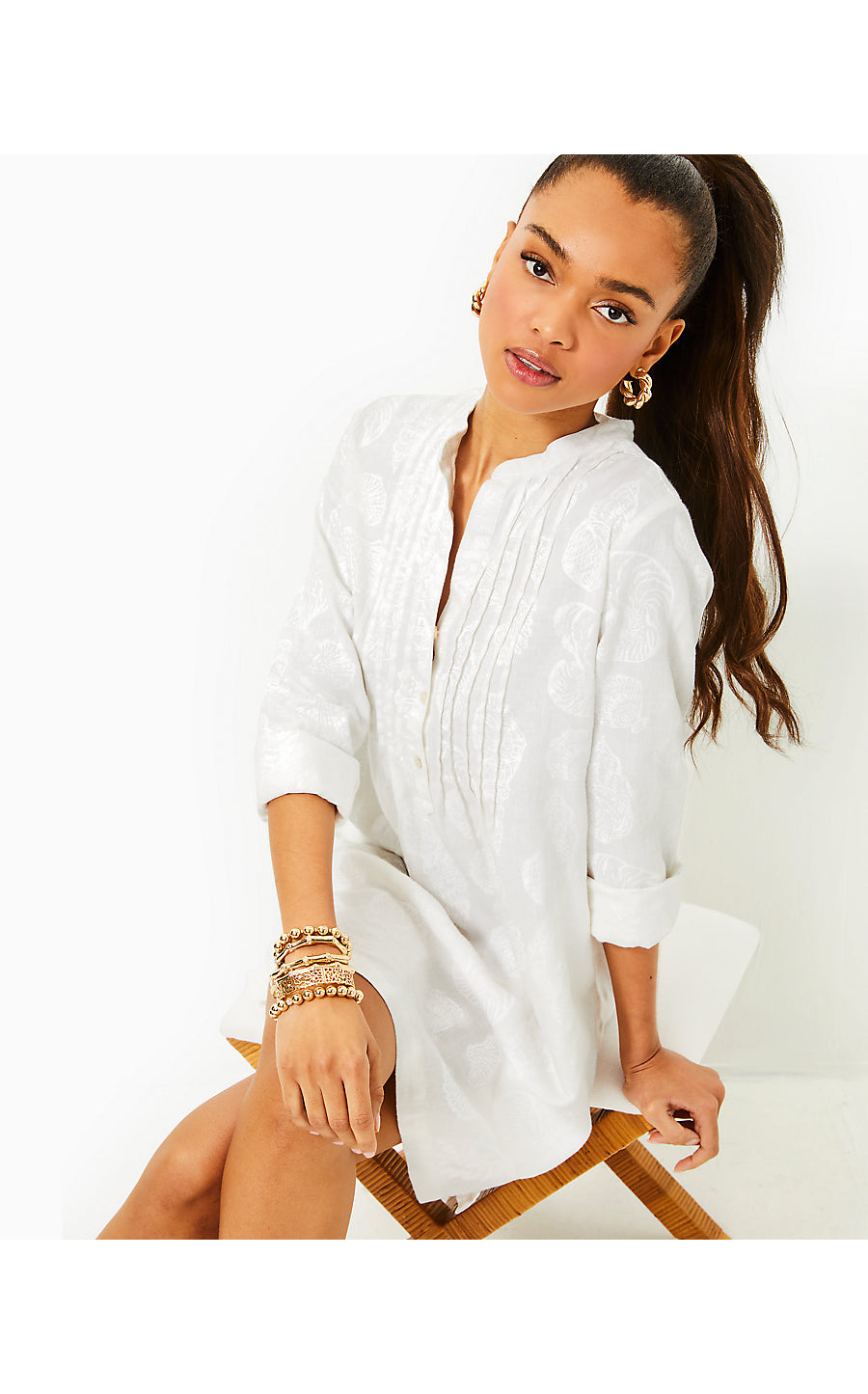 RHODA LONG SLEEVE POPOVER LINEN DRESS, RESORT WHITE SHELL OF A GOOD TIME