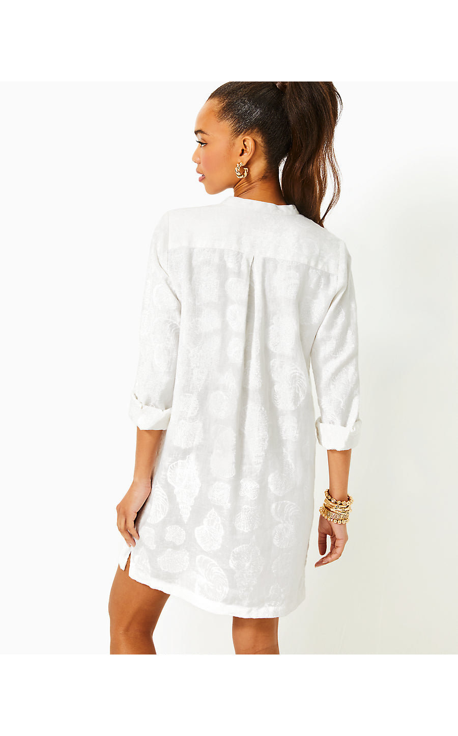 RHODA LONG SLEEVE POPOVER LINEN DRESS, RESORT WHITE SHELL OF A GOOD TIME