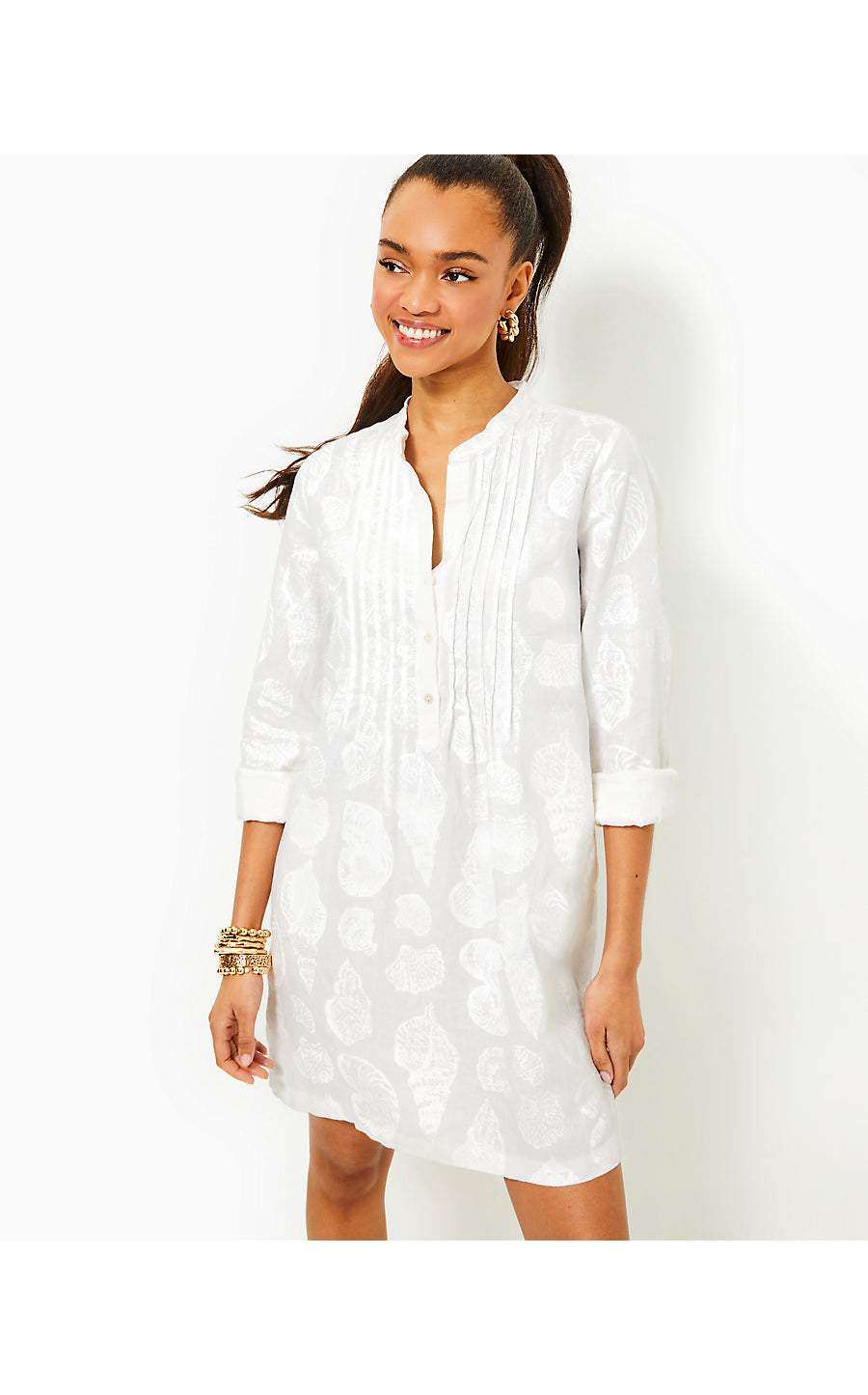 RHODA LONG SLEEVE POPOVER LINEN DRESS, RESORT WHITE SHELL OF A GOOD TIME