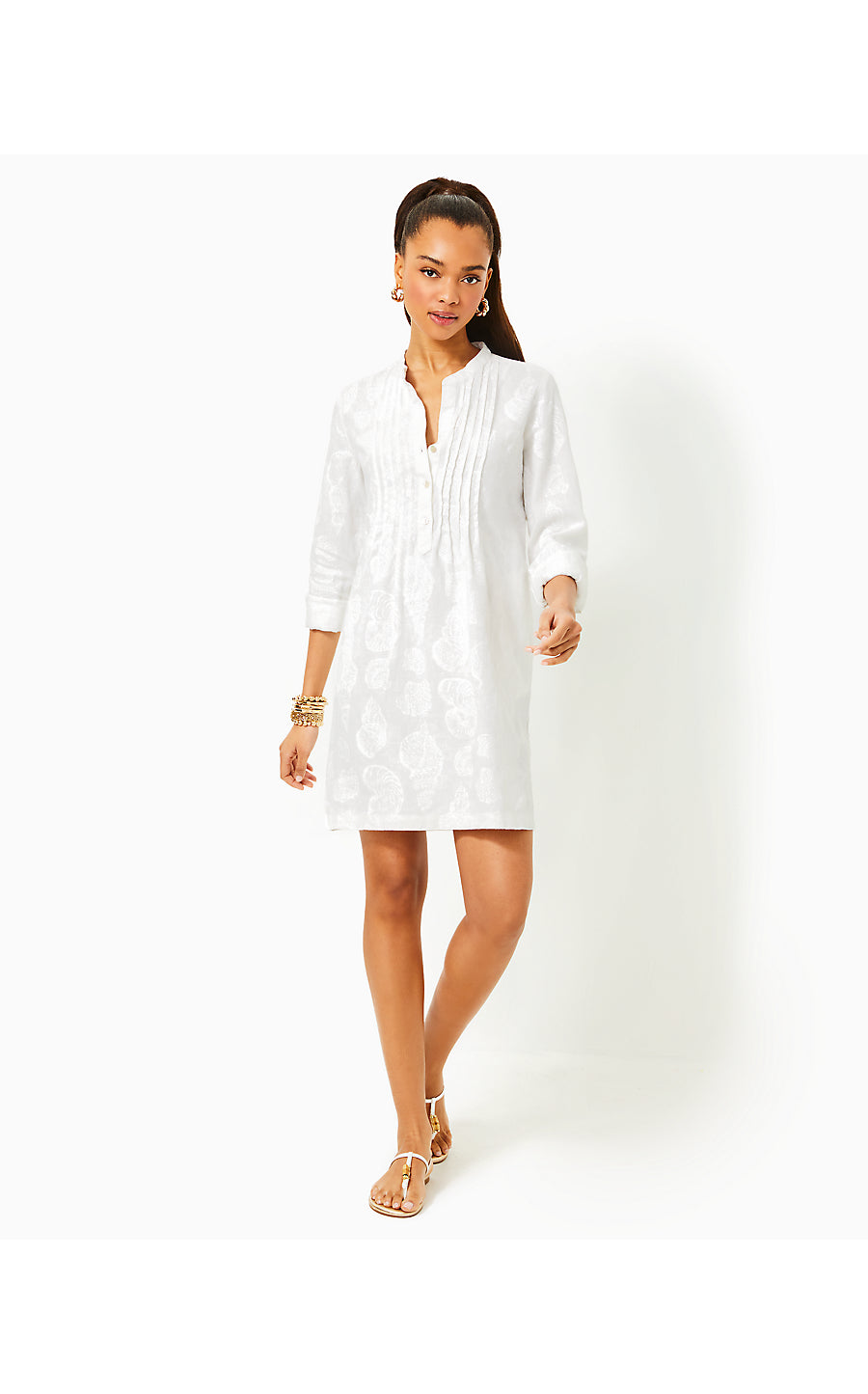 RHODA LONG SLEEVE POPOVER LINEN DRESS, RESORT WHITE SHELL OF A GOOD TIME