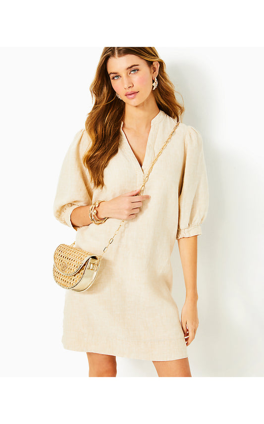 MIALEIGH ELBOW SLEEVE LINEN DRESS, SAND BAR X RESORT WHITE
