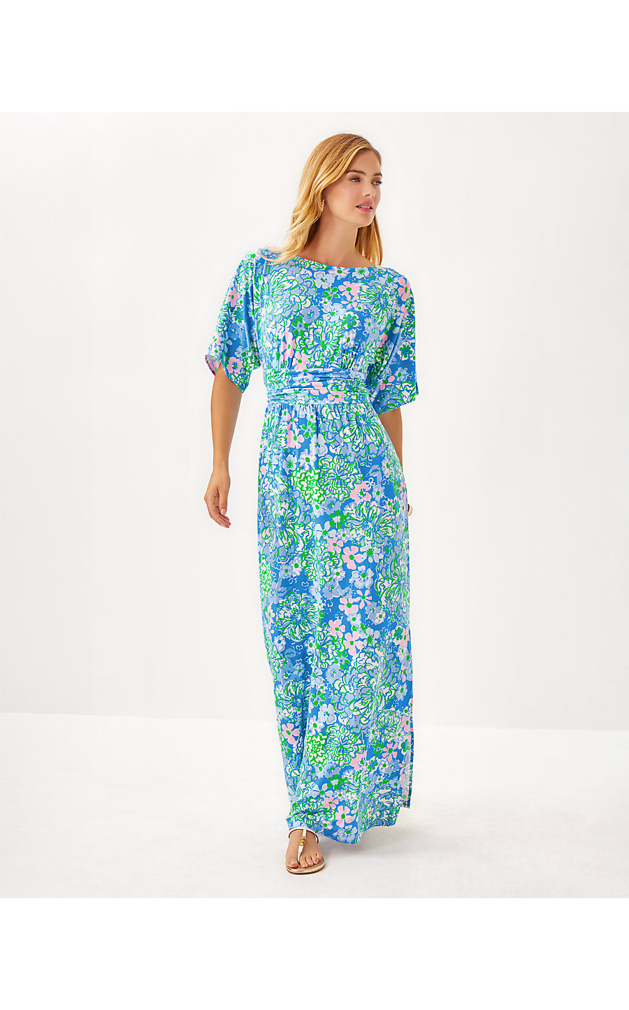 PARIGI BOAT NECK MAXI DRESS, SUNWASHED BLUE PLUMES IN BLOOM