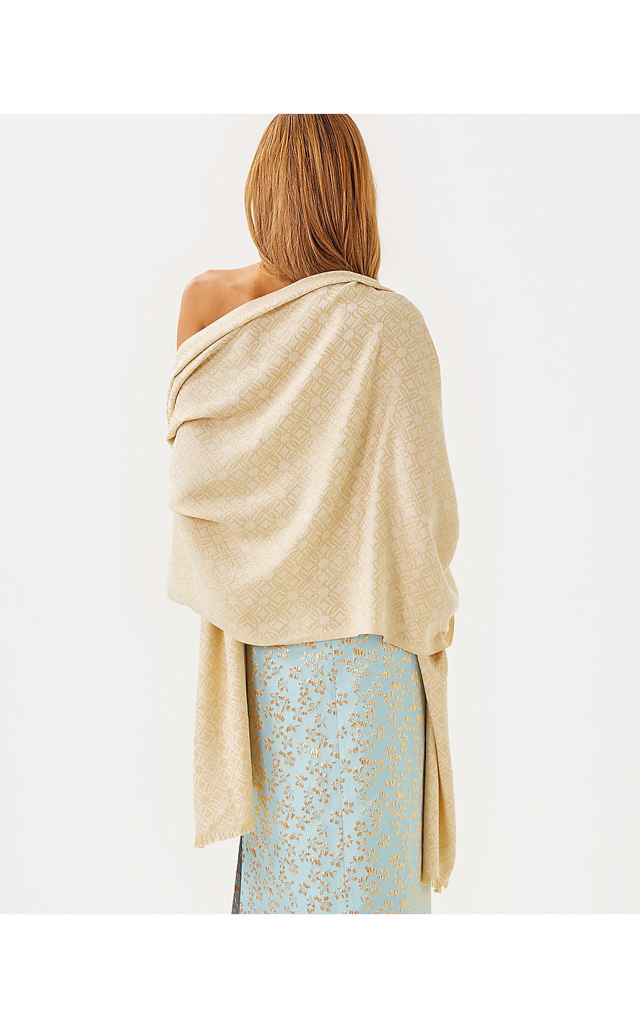 LOGO JACQUARD WRAP, WICKER TAN X COCONUT BUTTERFLY PATTERN SCARF