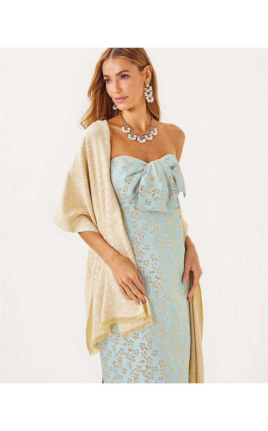 LOGO JACQUARD WRAP, WICKER TAN X COCONUT BUTTERFLY PATTERN SCARF