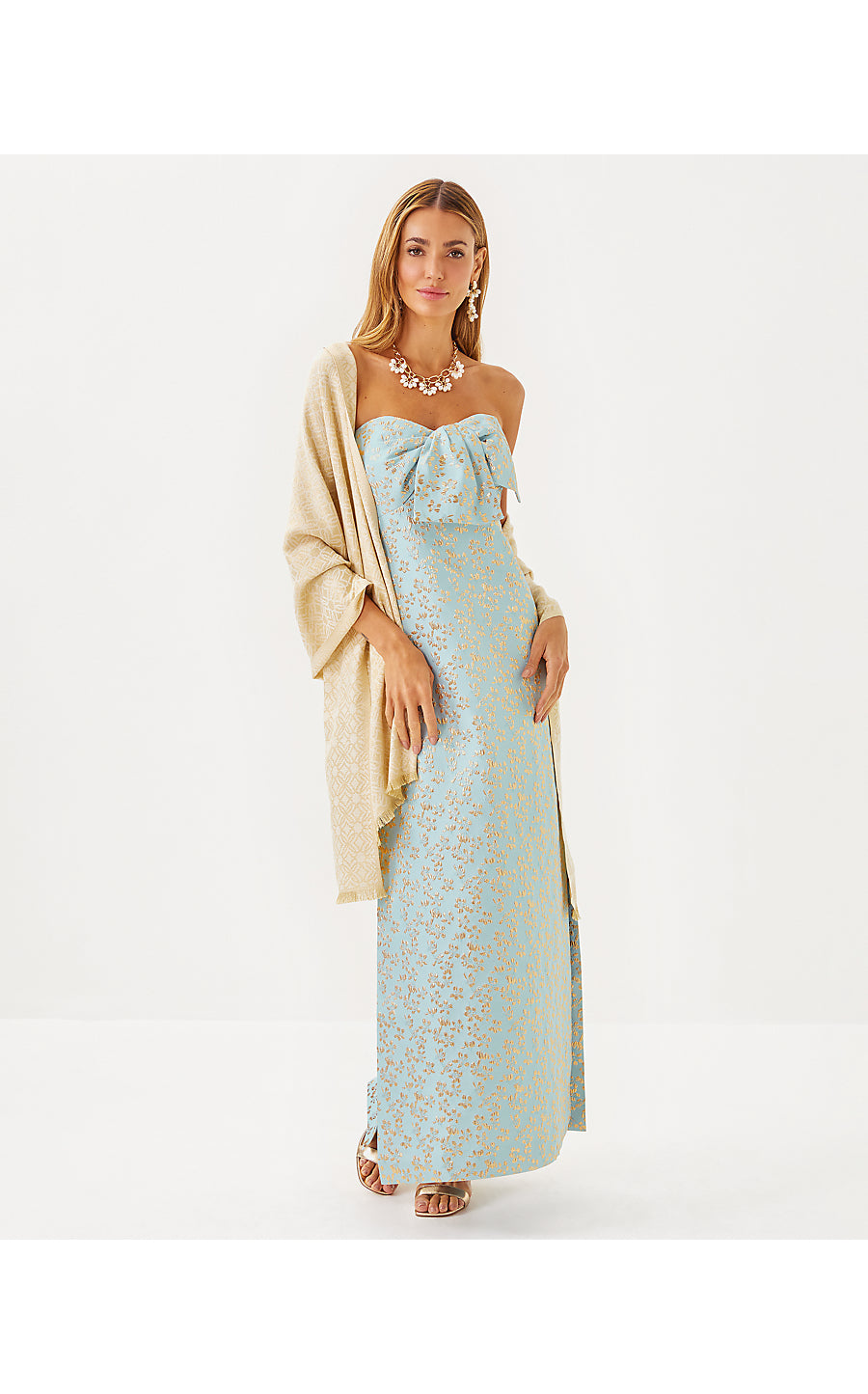 LOGO JACQUARD WRAP, WICKER TAN X COCONUT BUTTERFLY PATTERN SCARF