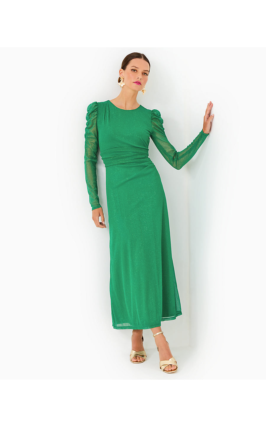 PRESLIE LONG SLEEVE MESH MIDI DRESS, FIDDLE LEAF GREEN Palm Place PRESLIE LONG SLEEVE MESH MIDI DRESS, FIDDLE LEAF GREEN Palm Place