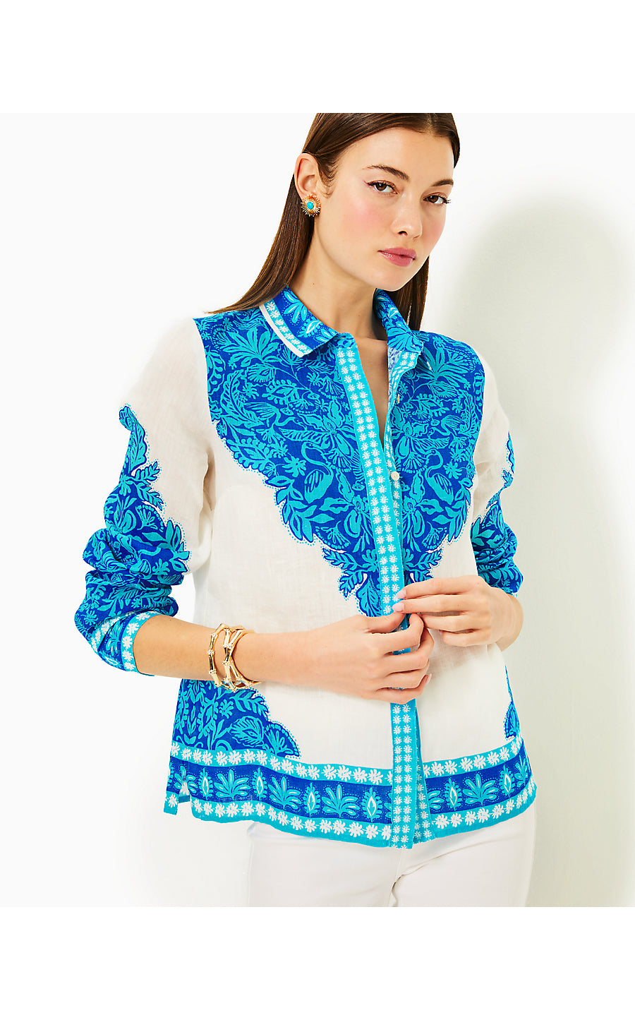 KIRAN BUTTON DOWN TOP, BREEZY AQUA JUNGLE ESCAPE ENGINEERED WOVEN TOP