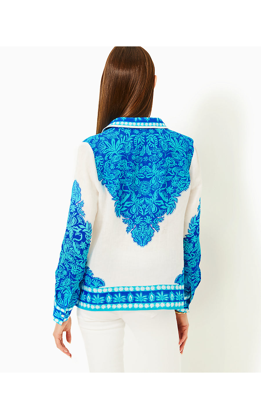 KIRAN BUTTON DOWN TOP, BREEZY AQUA JUNGLE ESCAPE ENGINEERED WOVEN TOP