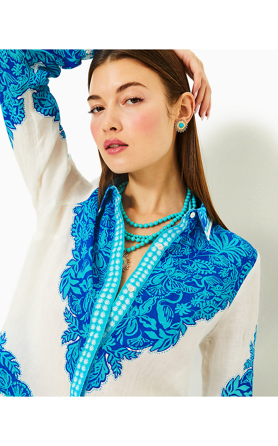 KIRAN BUTTON DOWN TOP, BREEZY AQUA JUNGLE ESCAPE ENGINEERED WOVEN TOP