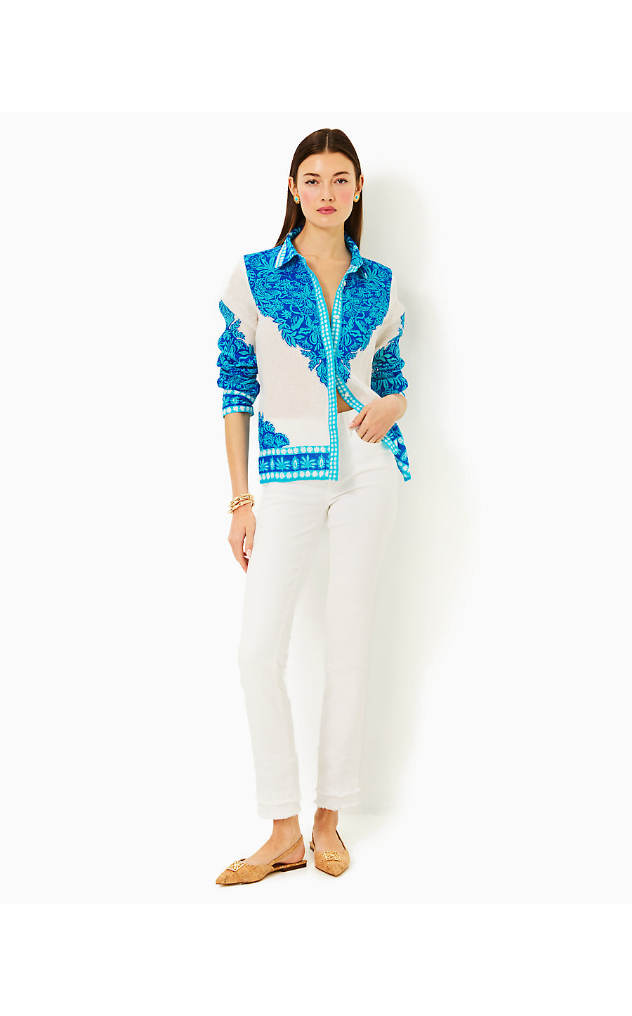KIRAN BUTTON DOWN TOP, BREEZY AQUA JUNGLE ESCAPE ENGINEERED WOVEN TOP