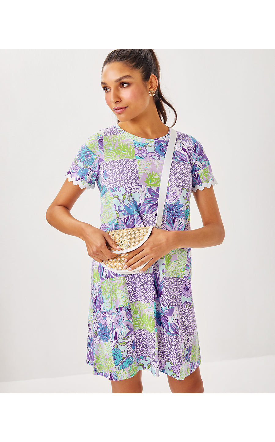 CODY SHORT SLEEVE DRESS, MULTI JUICY STORY PATCH
