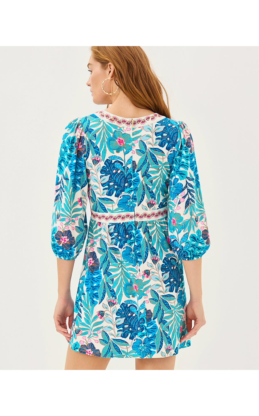 WEXLEE SKIRTED ROMPER, BREEZY AQUA BEST FRONDS FOREVER ENGINEERED ROMPER