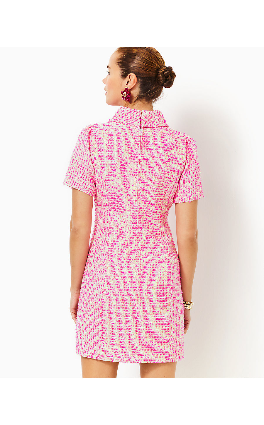 TIESSA SHORT SLEEVE BOUCLE DRESS, PINK PALMS FANTASY BOUCLE