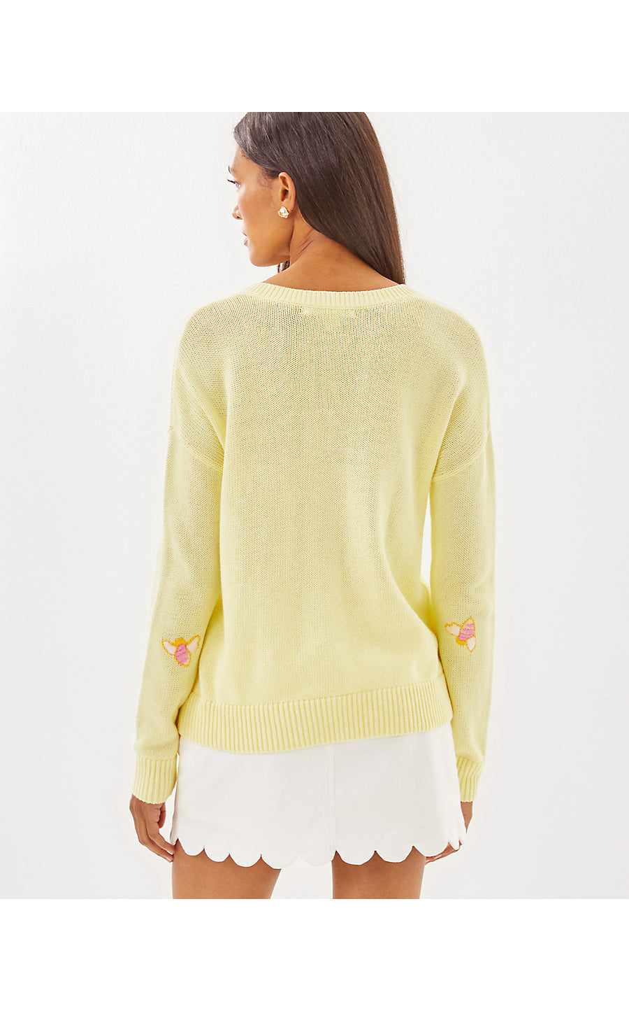 TENSLEY SWEATER, HEATHERED LEMON CHIFFON BEE EMBROIDERY