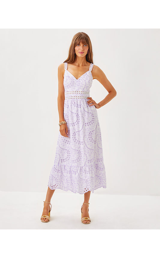 TIAH MIDI DRESS, WATER HYACINTH DANCING DAISIES EYELET