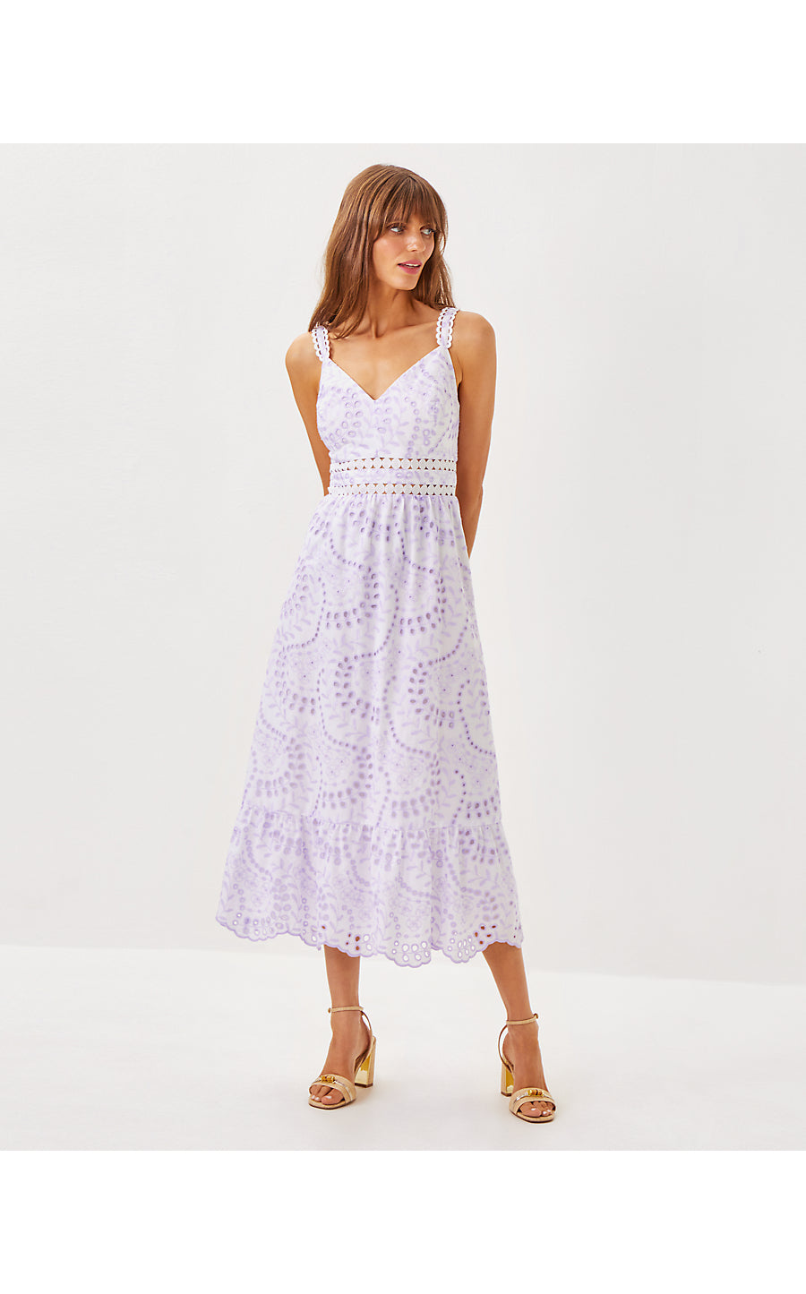 TIAH MIDI DRESS, WATER HYACINTH DANCING DAISIES EYELET