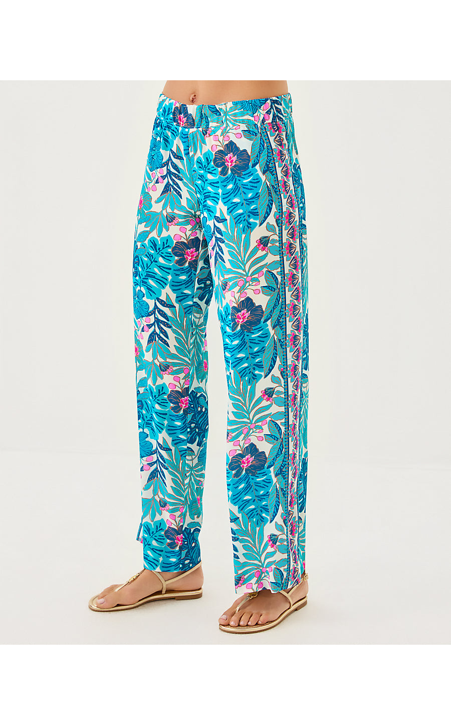 BAL HARBOUR STRETCH PALAZZO PANT, BREEZY AQUA BEST FRONDS FOREVER ENGINEERED PANT