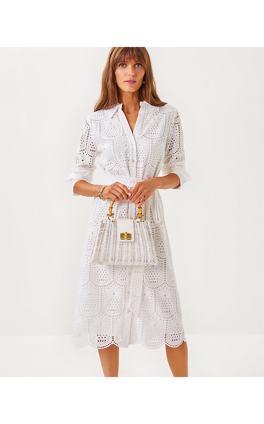 EIRA MIDI SHIRTDRESS, RESORT WHITE PINEAPPLE TILE EYELET