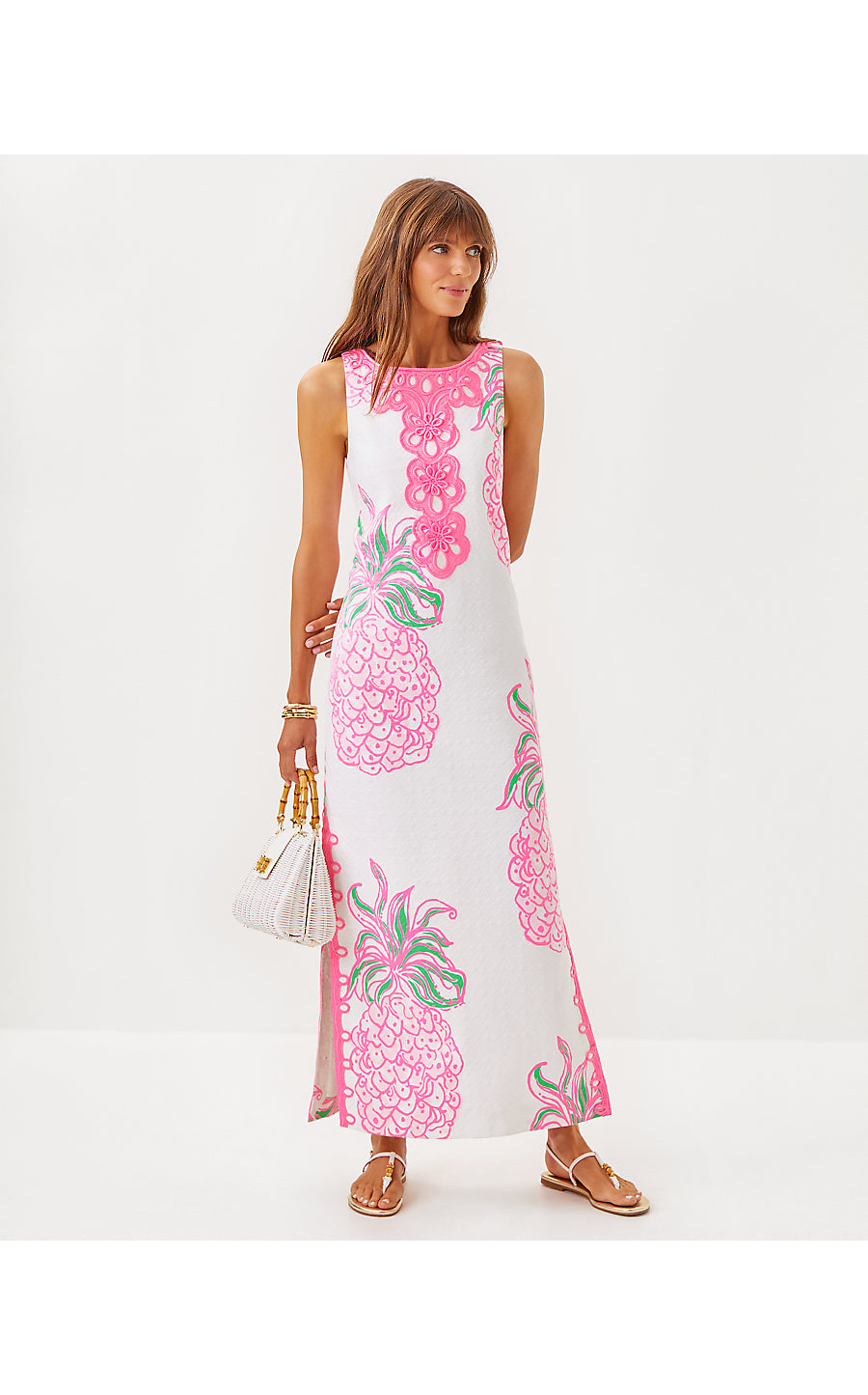 MARLEIGH STRETCH MAXI SHIFT DRESS, RESORT WHITE OVERSIZED PARTY LIKE A PINEAPPLE ENGINEERED WOVEN