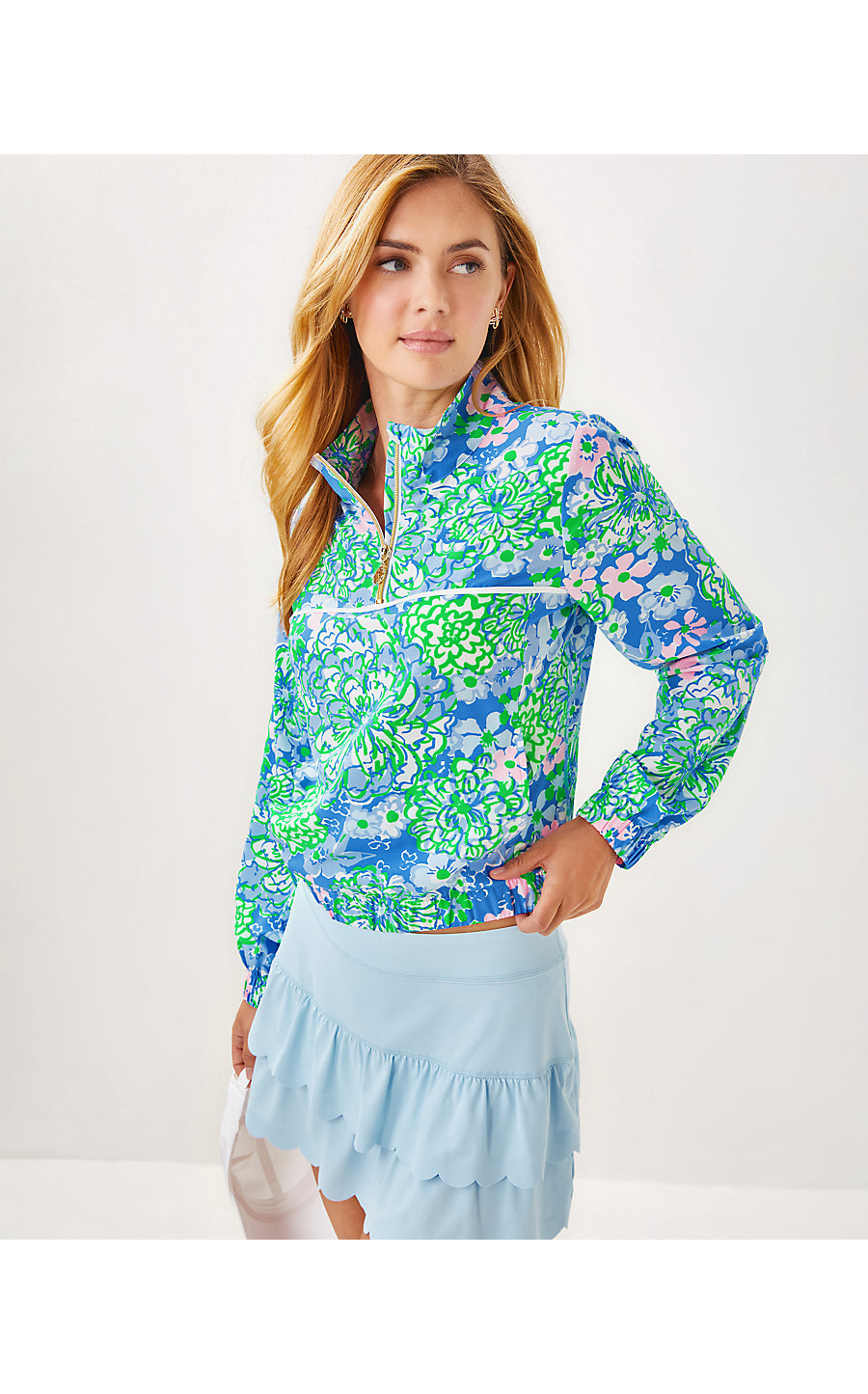 AEGEAN PERFORMANCE HALF ZIP, SUNWASHED BLUE PLUMES IN BLOOM