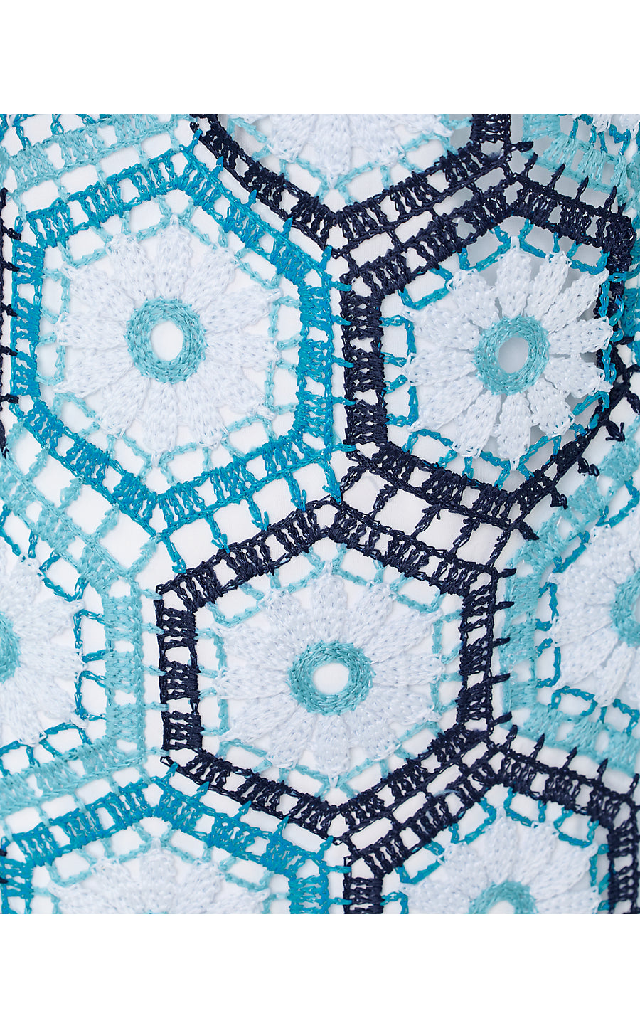 LEYLA SHIFT, BELLEVUE BLUE DAISY HEX CROCHET
