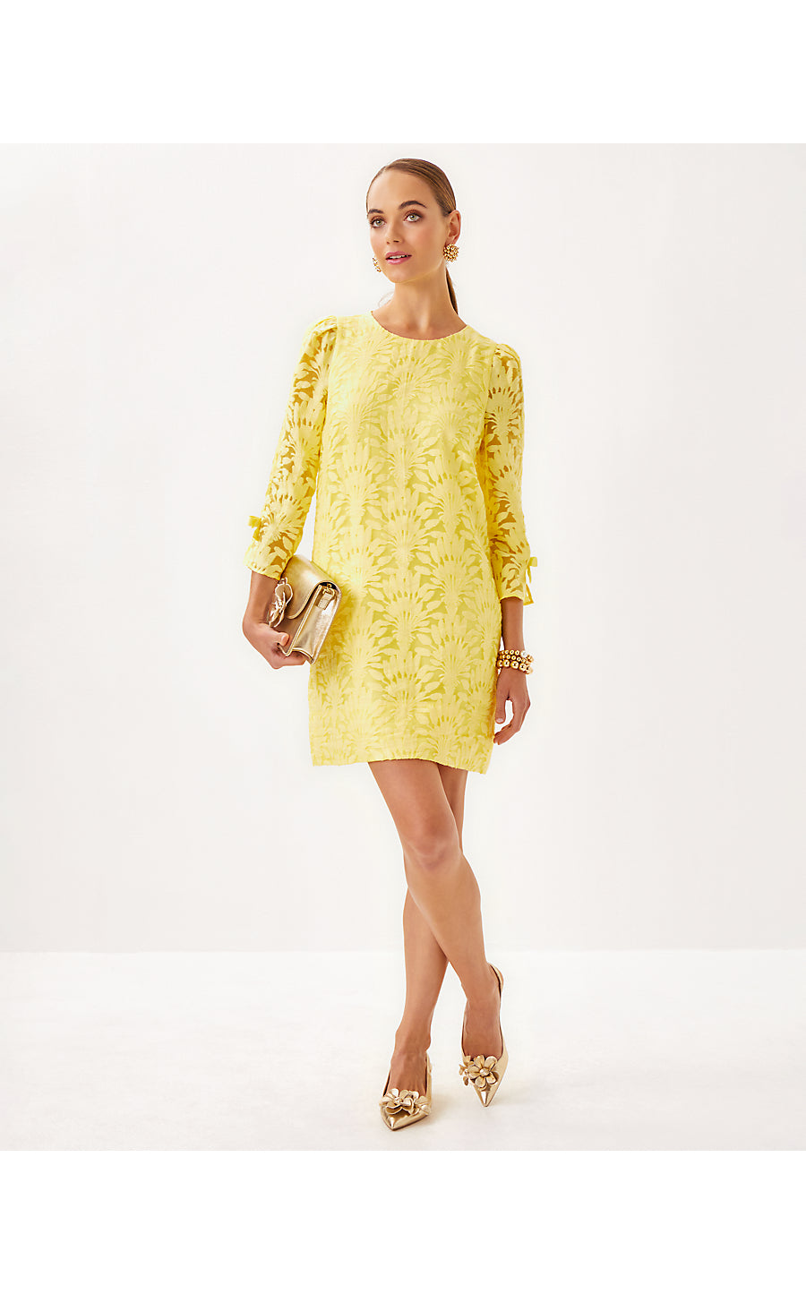 KAVIANNA DRESS, FINCH YELLOW STACKED PALM BURNOUT
