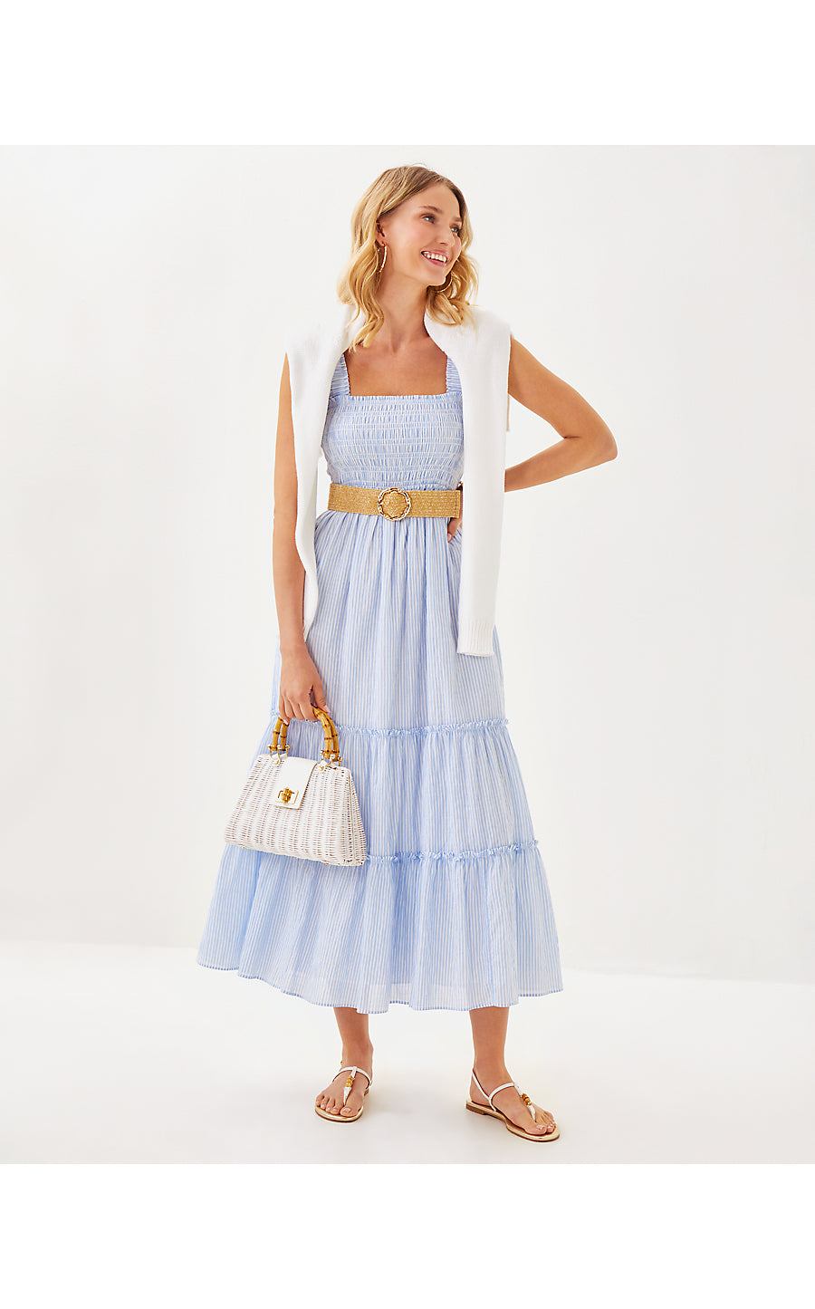 HADLY SMOCKED MAXI DRESS, JACARANDA BLUE LTWT OXFORD STRIPE
