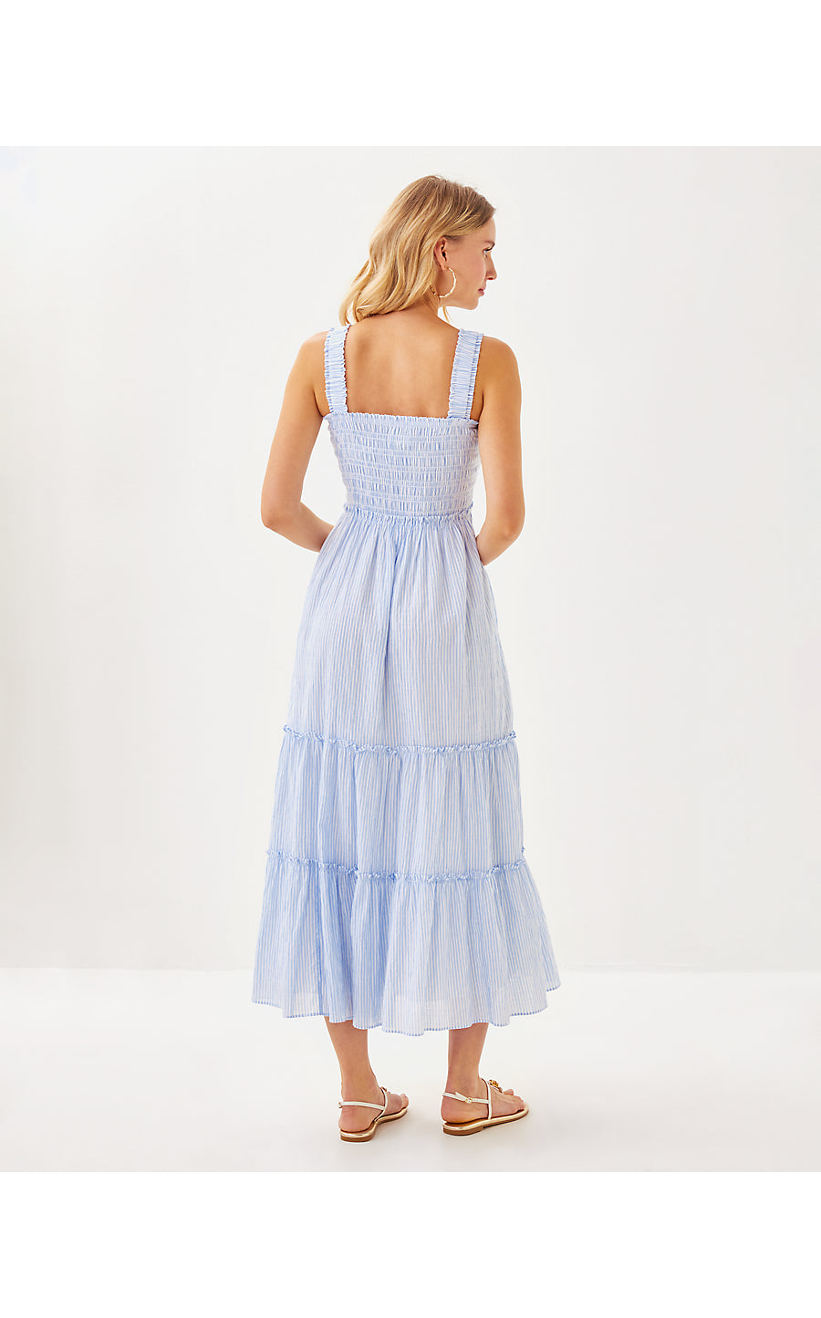 HADLY SMOCKED MAXI DRESS, JACARANDA BLUE LTWT OXFORD STRIPE