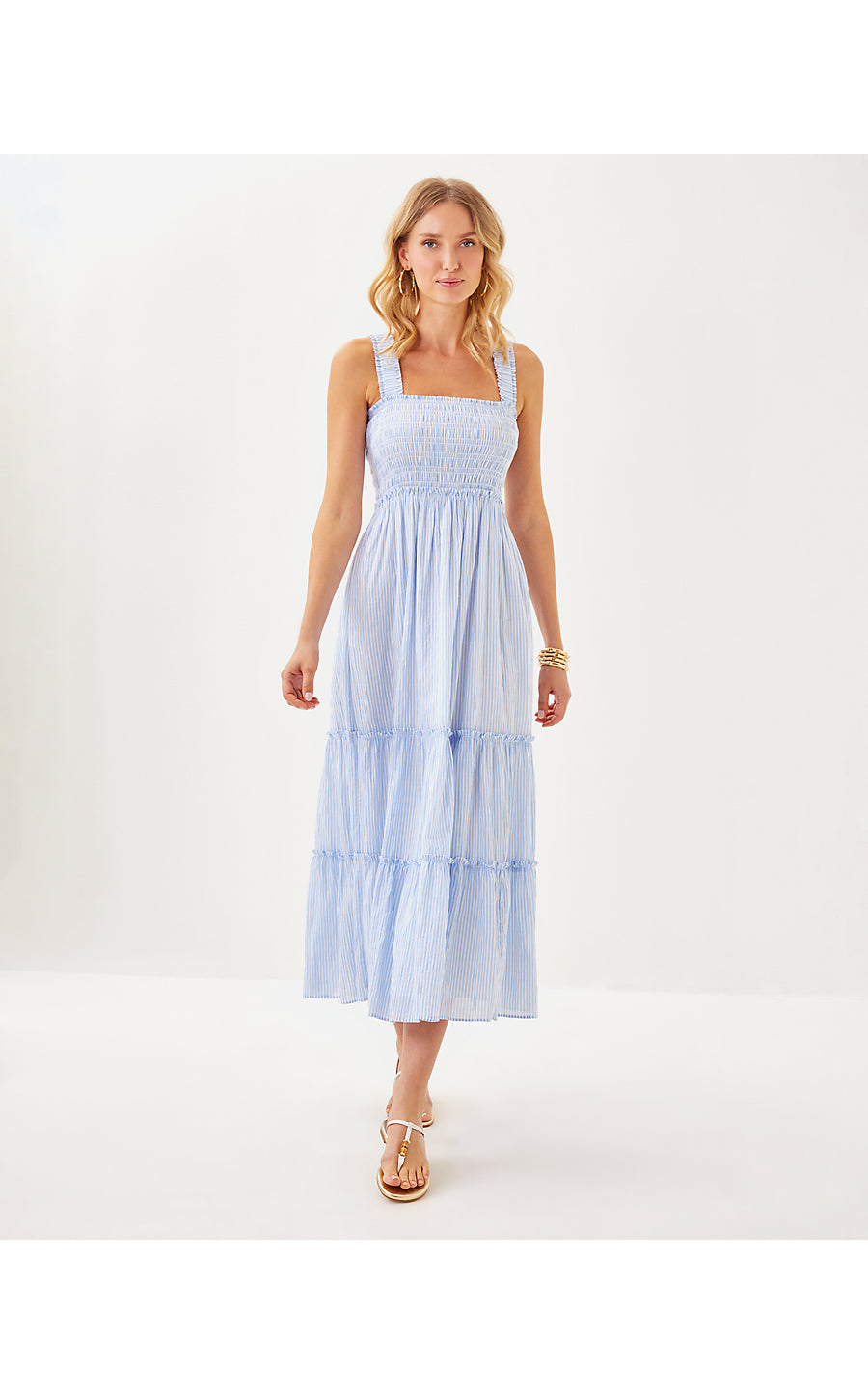 HADLY SMOCKED MAXI DRESS, JACARANDA BLUE LTWT OXFORD STRIPE