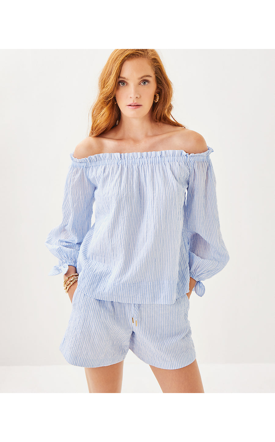 JAMIELYNN LONG SLEEVE OFF THE SHOULDER TOP, JACARANDA BLUE LTWT OXFORD STRIPE