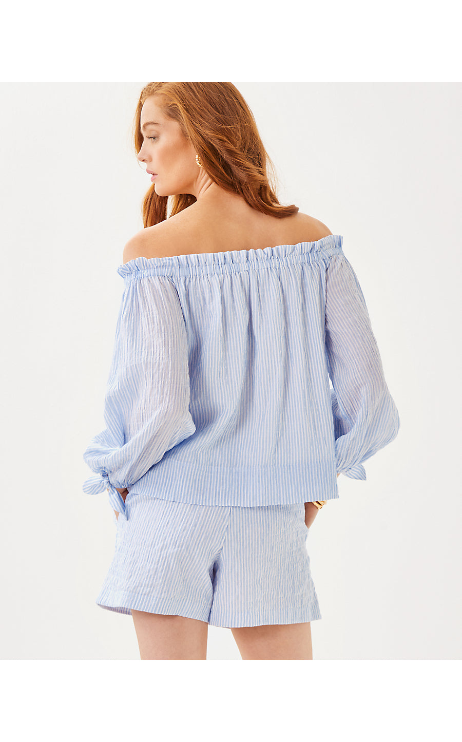 JAMIELYNN LONG SLEEVE OFF THE SHOULDER TOP, JACARANDA BLUE LTWT OXFORD STRIPE