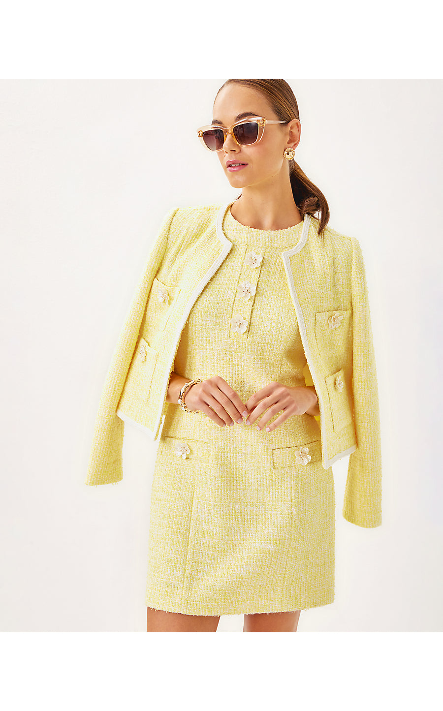 MARGARETE SKIRTED ROMPER, FINCH YELLOW CHIC CHICK BOUCLE