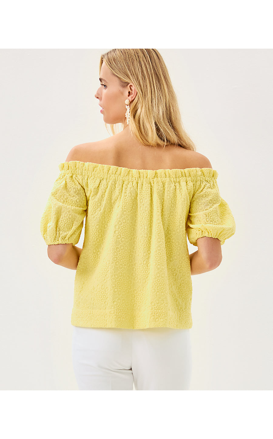 KATARA OFF THE SHOULDER TOP, LIMONCELLO BUBBLE EMBROIDERY