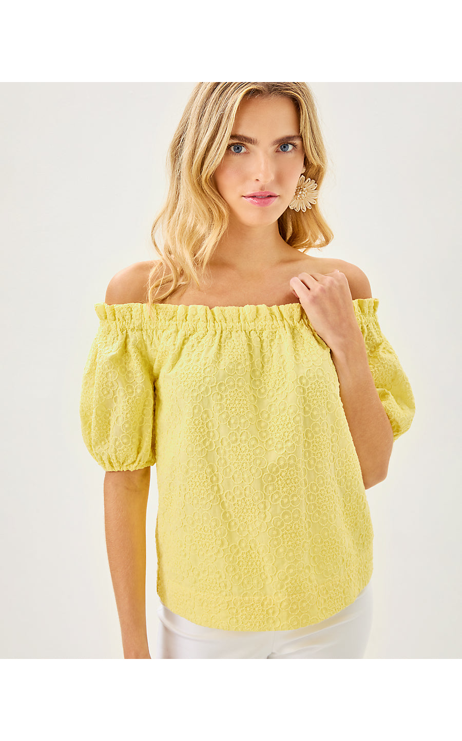 KATARA OFF THE SHOULDER TOP, LIMONCELLO BUBBLE EMBROIDERY